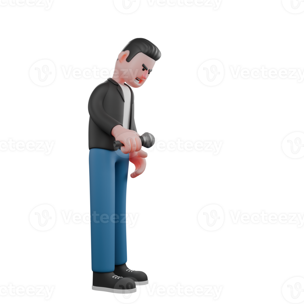 Cartoon 3D Music Character Design. A male musician stands with his head down while his right hand holds a microphone. Singing Artist png