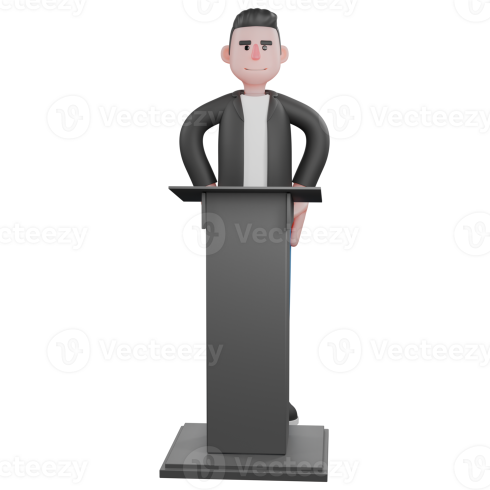 3D Illustrated Music Star. A male musician stands behind a podium with his hands on his waist. Vocal Talent png