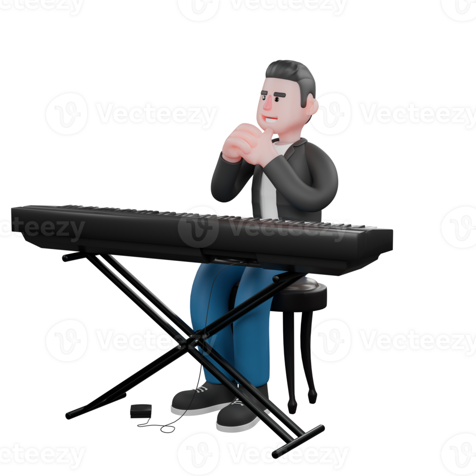 Illustrated 3D Music Performer. A musician sits on a chair with both hands clasped, while in front of him is an electric piano. Creative Cartoon png