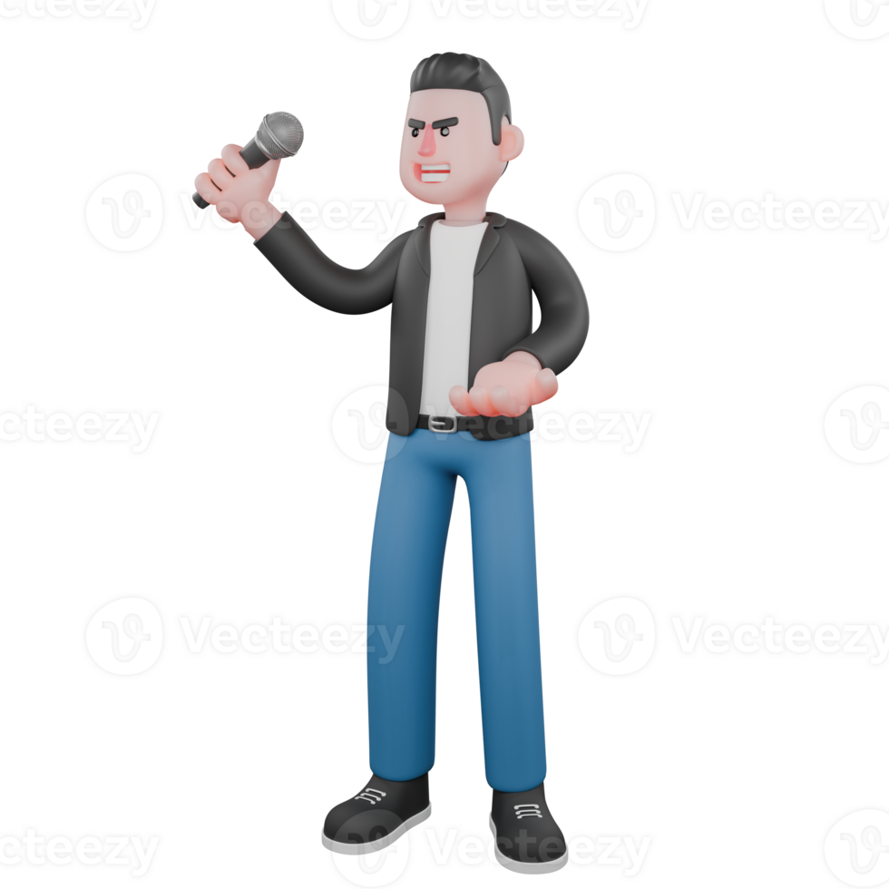 Music Performer Character in 3D. A male musician stands with his right hand holding a microphone slightly raised to the side while his left hand is beside his plate. Animated Style png
