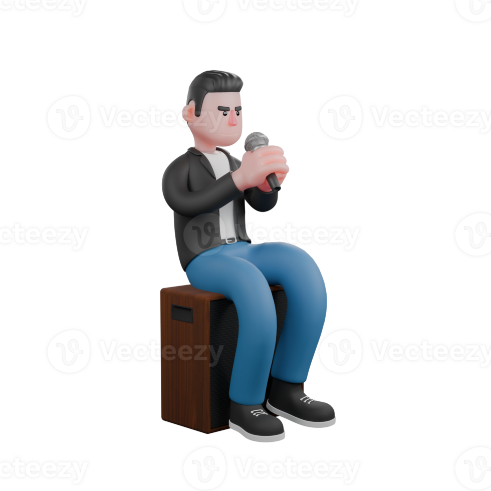 3D Animated Music Artist. A male musician sits on a speaker with both hands holding a microphone. Performance Character png