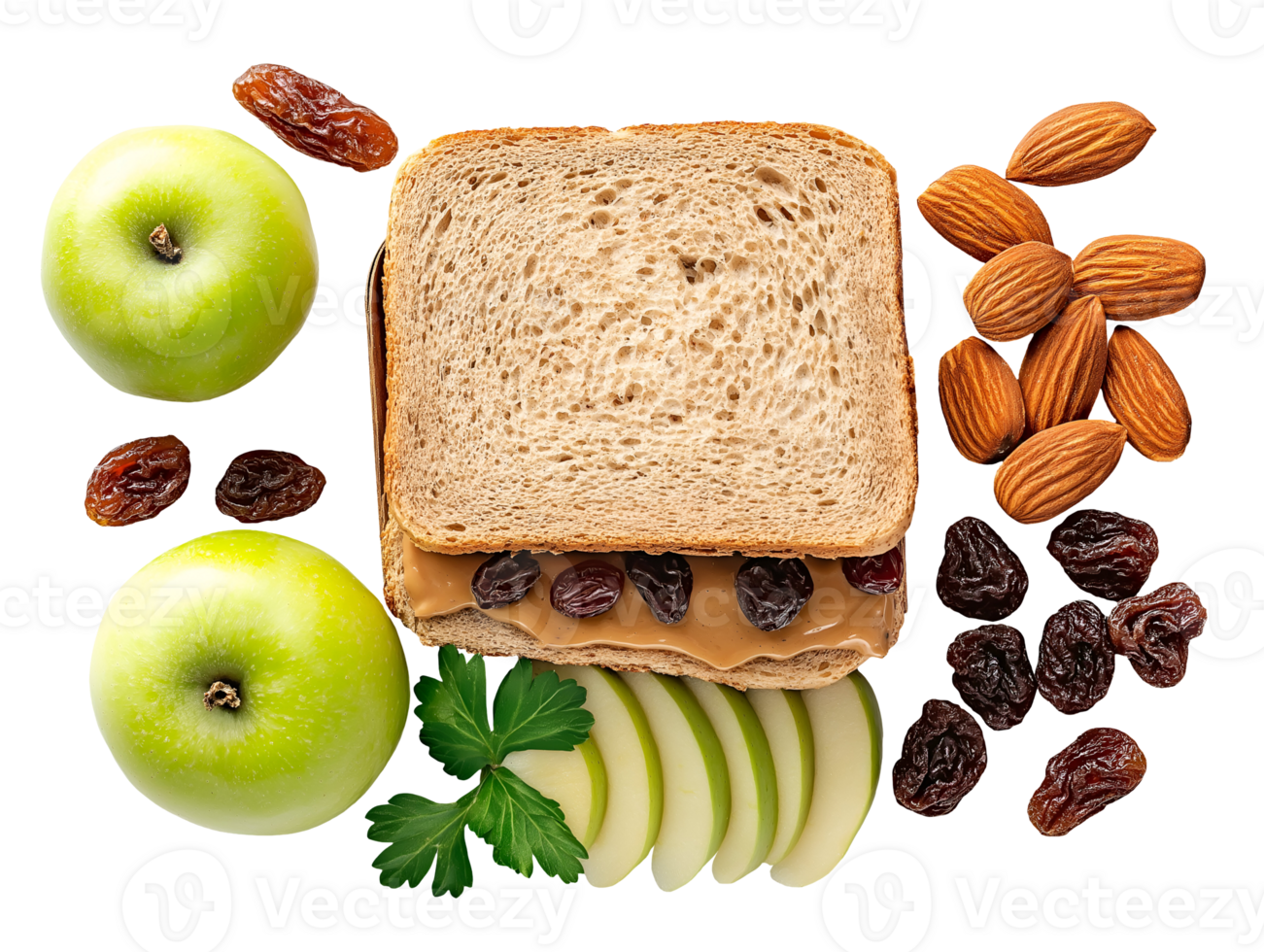 lunchbox with almond butter and raisin sandwich, fresh green apples, and almonds on isolated background png