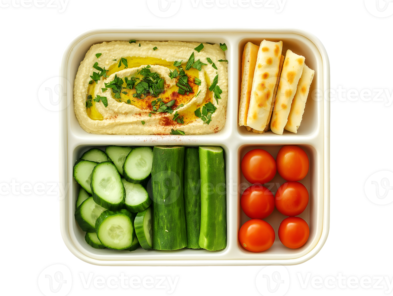 vegetarian lunchbox with hummus, cucumber sticks, cherry tomatoes, and flatbread pieces on isolated background png