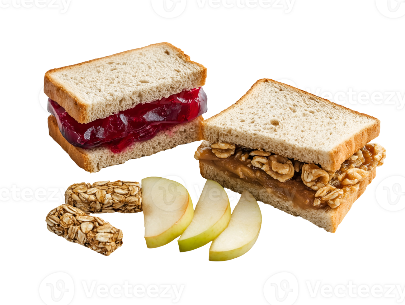 lunchbox with peanut butter and jelly sandwich apple slices granola bars on isolated background png