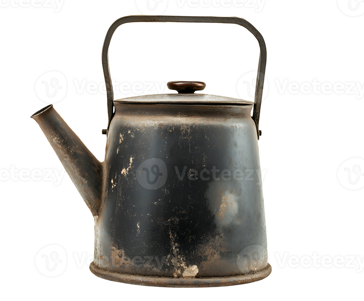 vintage iron kettle with wooden handle and spout distressed rustic look on isolated background png