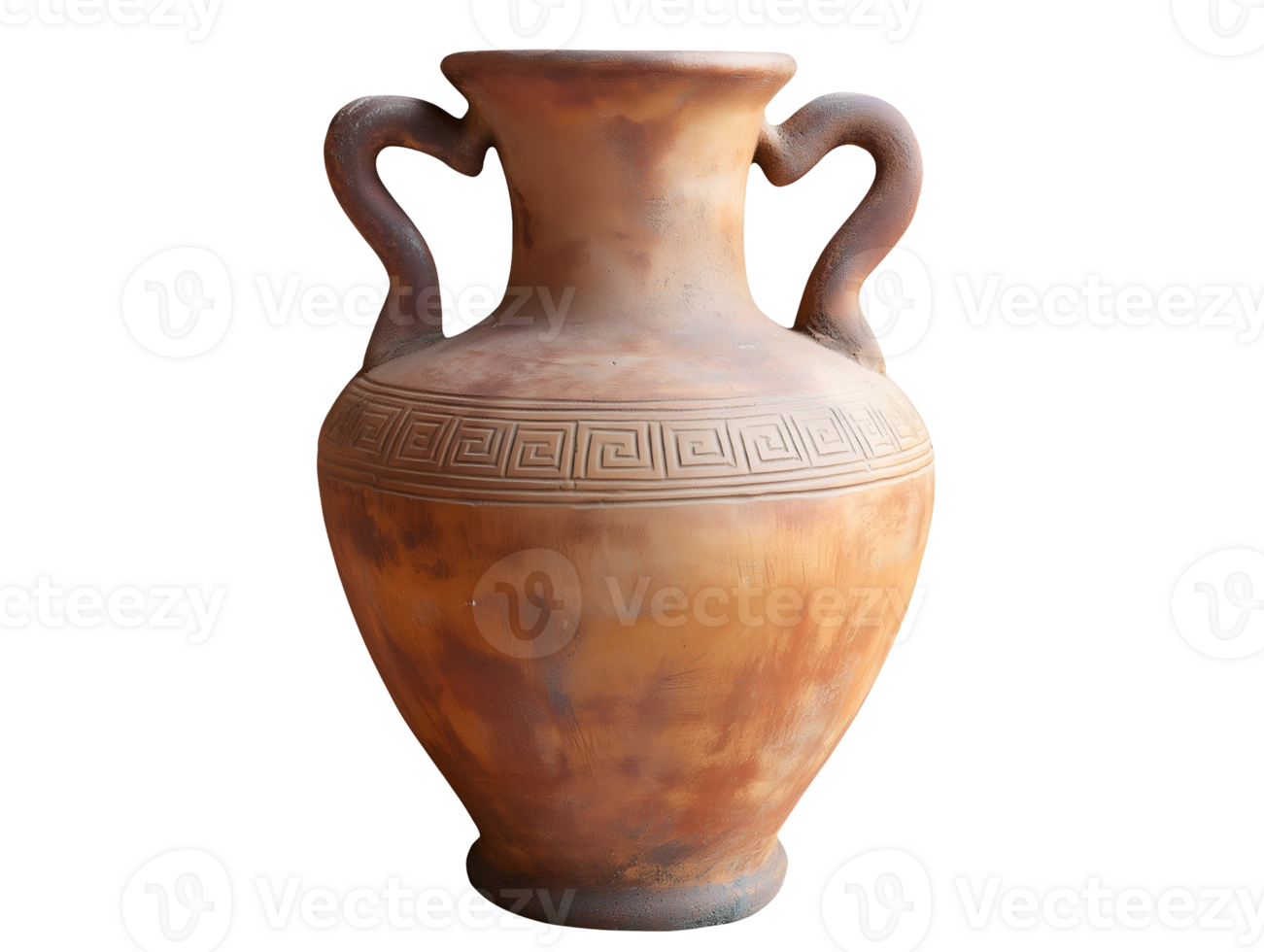 ancient clay amphora with greek-style designs, antique pottery vessel with handles on isolated background, historic ceramic jar png