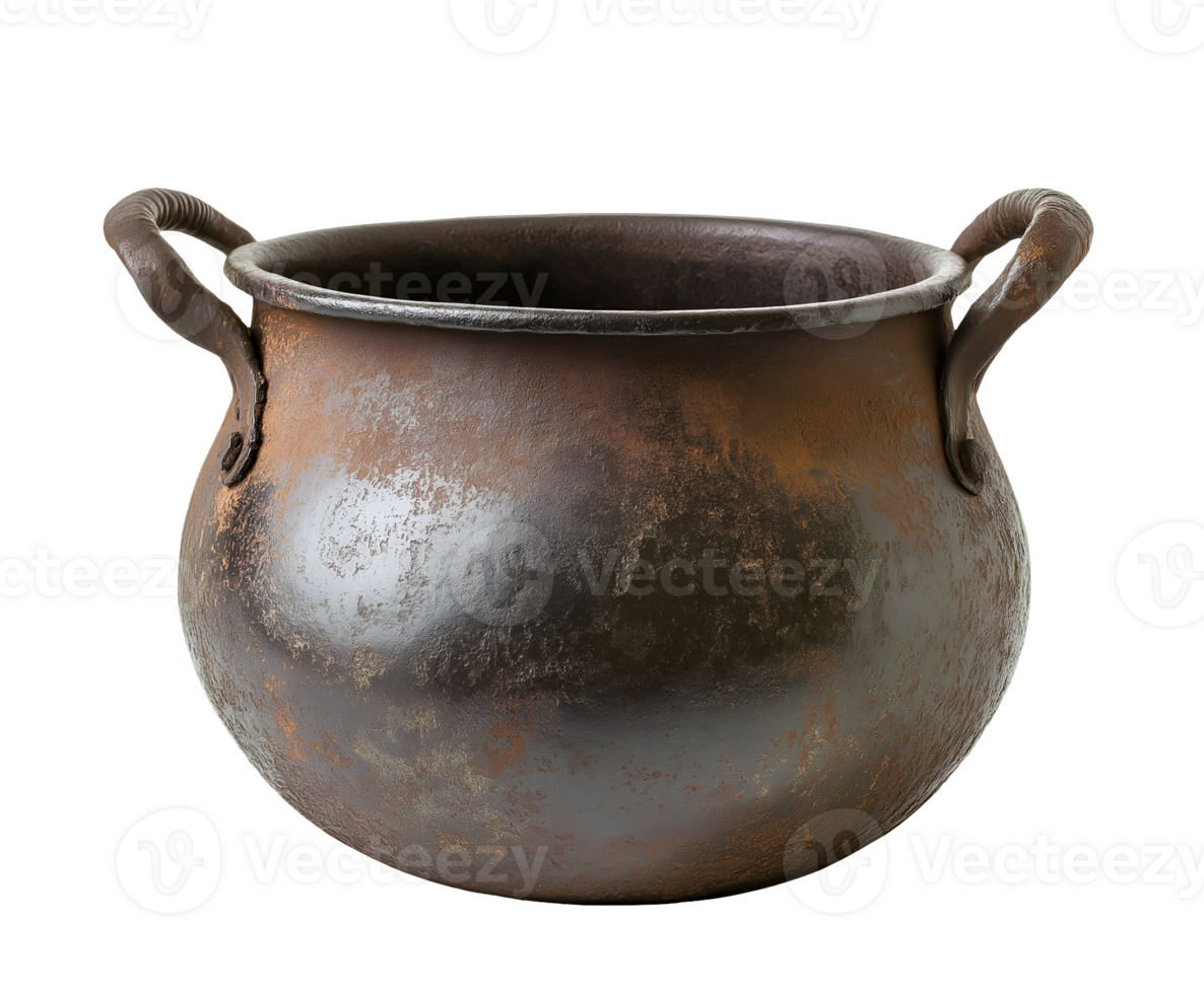 ancient iron cauldron with curved handles, antique rustic pot for cooking and storage on isolated background png