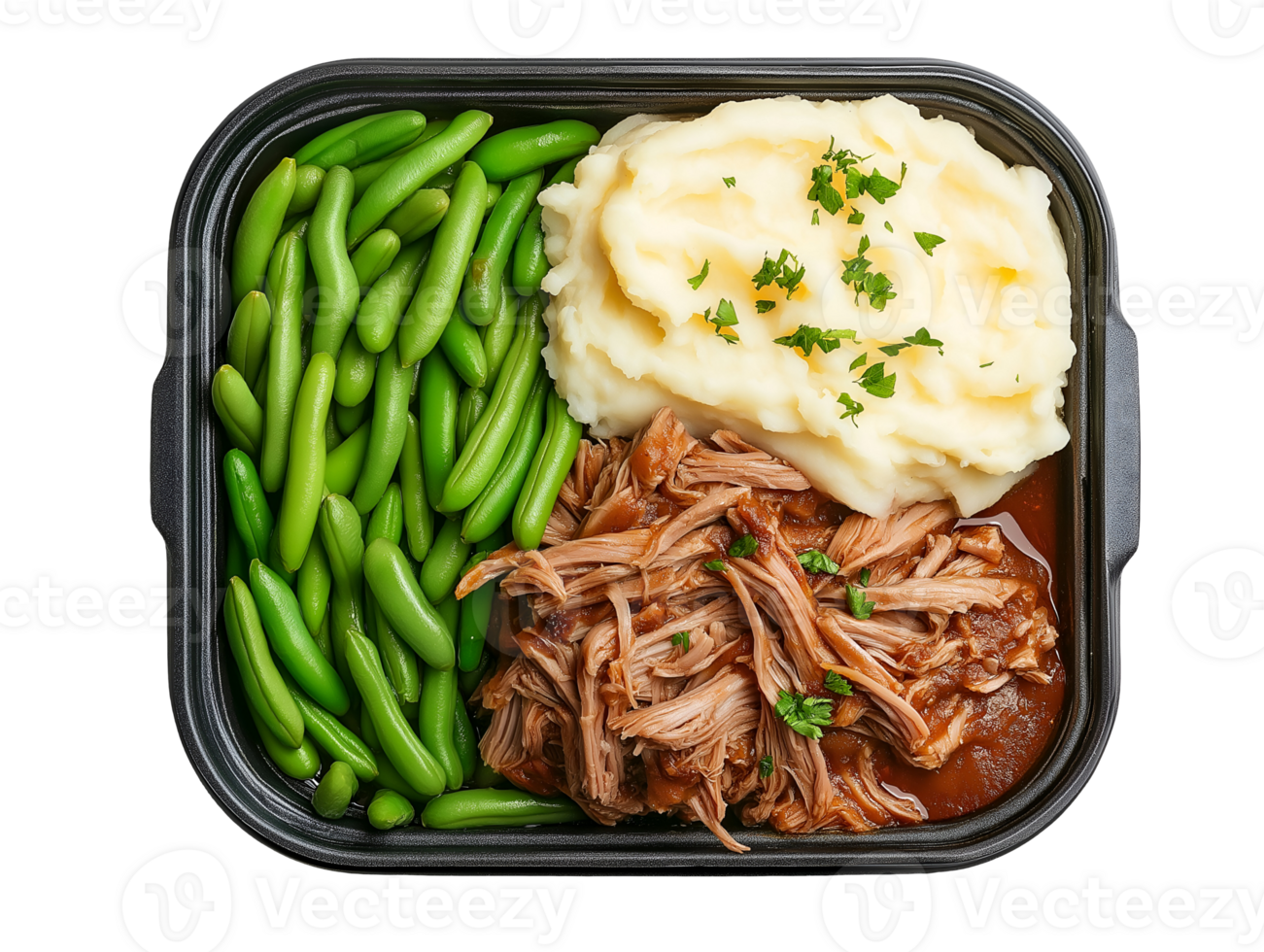 hearty lunchbox with pulled pork mashed potatoes and green beans on isolated background png