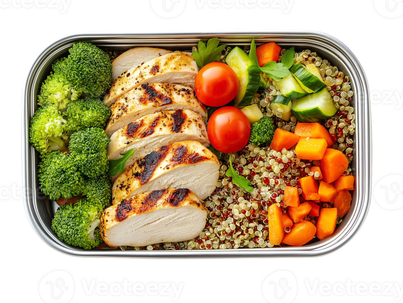 lunchbox with grilled chicken breast quinoa salad broccoli cherry tomatoes on isolated background png