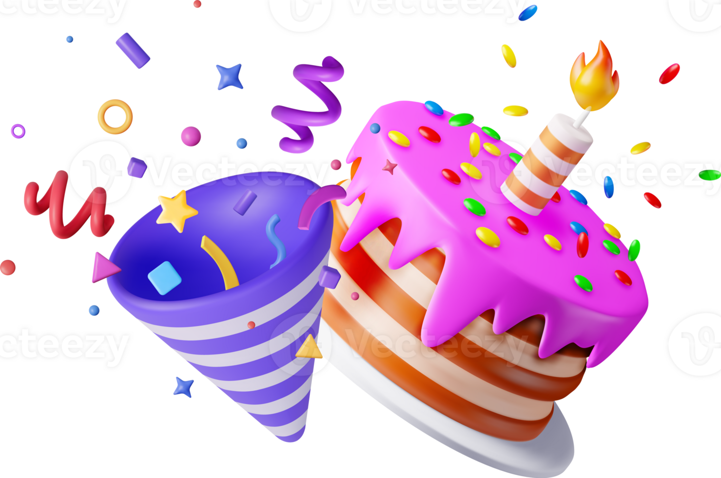 3D cake with candle and popper with confetti png