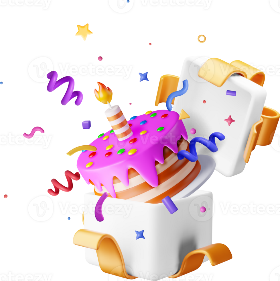 3D cake with candle with confetti in gift box png