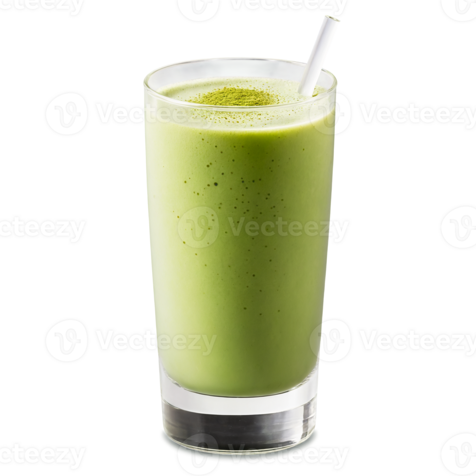 Iced Matcha Latte served in a transparent tall glass matcha powder dusting png