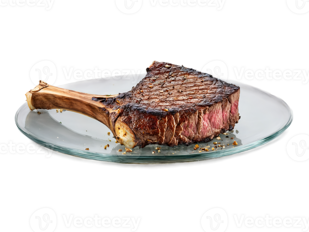 Tomahawk Steak perfectly charred with roasted garlic cloves served on a transparent glass plate impressive png