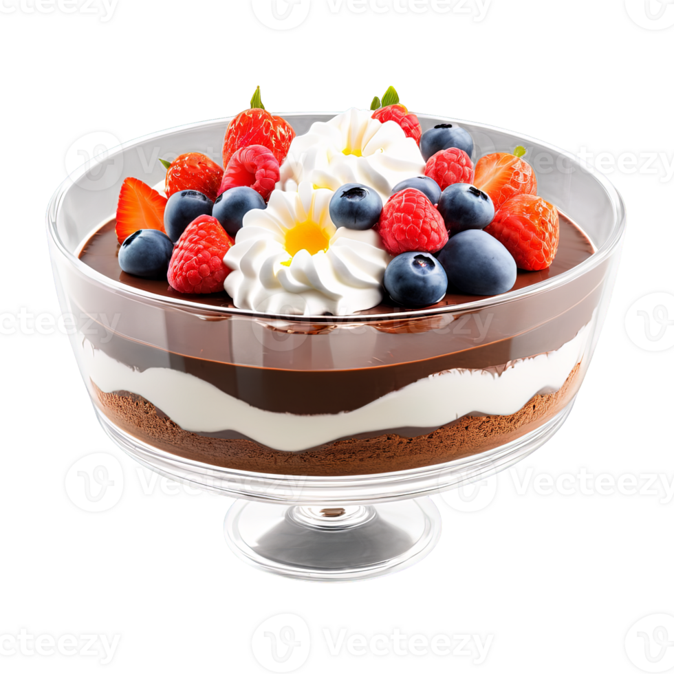 A mouthwatering and indulgent chocolate dessert in a round, clear glass dish, topped with whipped cream a png