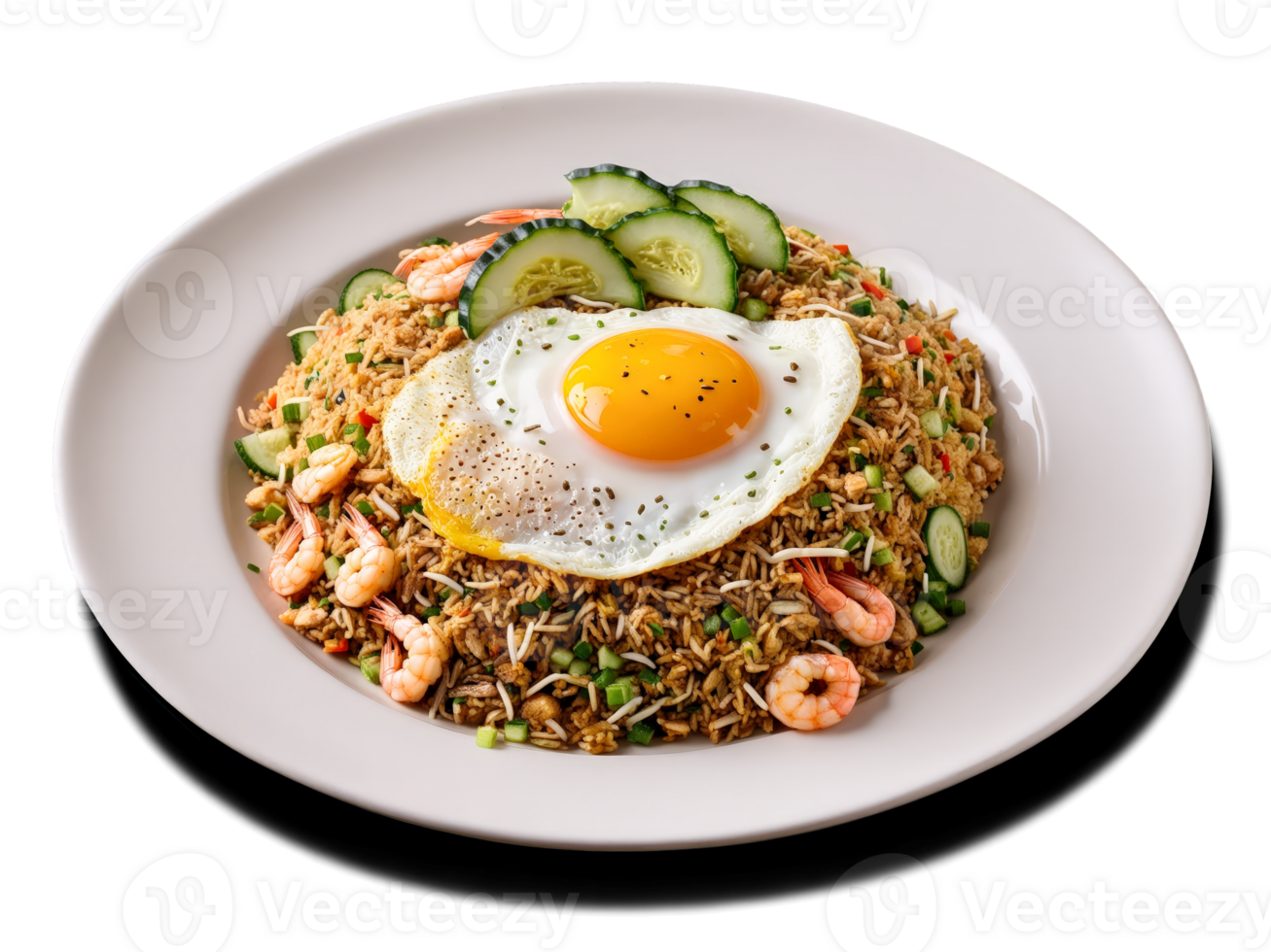 Nasi Goreng Fragrant wok fried rice with shrimp chicken and vegetables topped with fried egg png