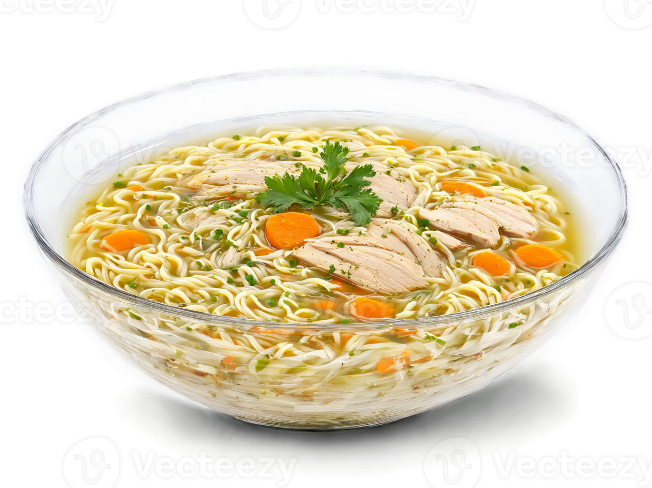 Chicken noodle soup clear broth and tender noodles in a transparent glass soup bowl comforting png