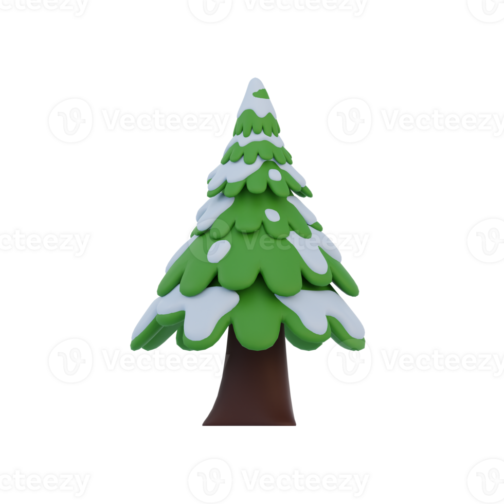 3D rendering of a cartoon pine tree covered with snow, isolated on transparent background. png