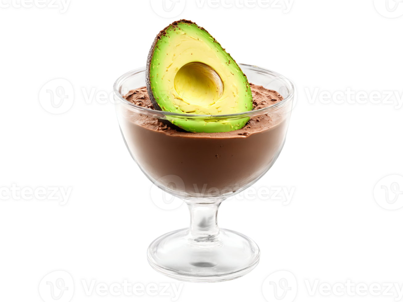 Vegan chocolate mousse with avocado and cacao served in a transparent glass cup decadent png