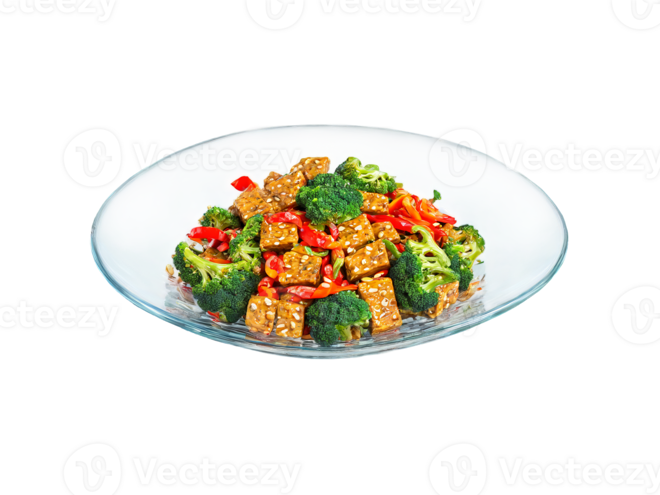 Vegan tempeh stir fry with broccoli and bell peppers served on a transparent glass dish png
