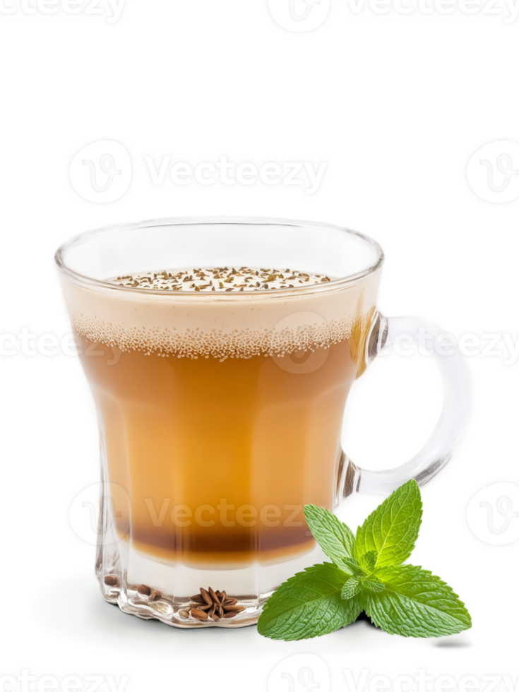 Iraqi Chai in clear glass garnished with few cardamom pods and sprig of green mint png