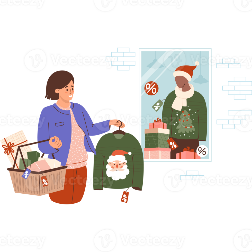 Christmas Shopping sale. Happy woman with Xmas sweater near store window with New year mannequin png