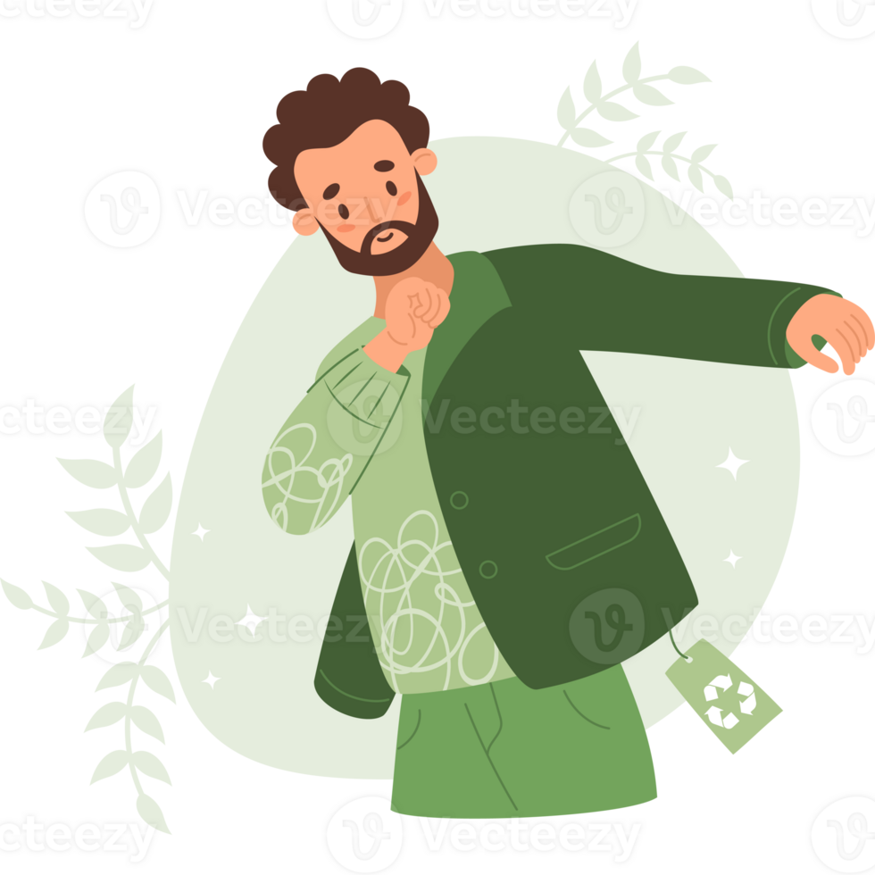 Bearded man tries on jacket made from recycled material. Buying eco-friendly clothes png