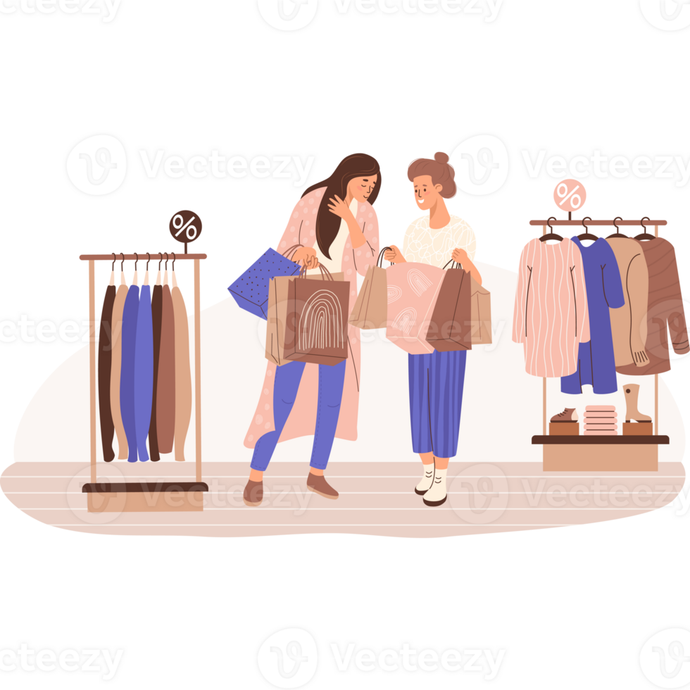 Shopping in store. Happy women girlfriends buyers with packages png