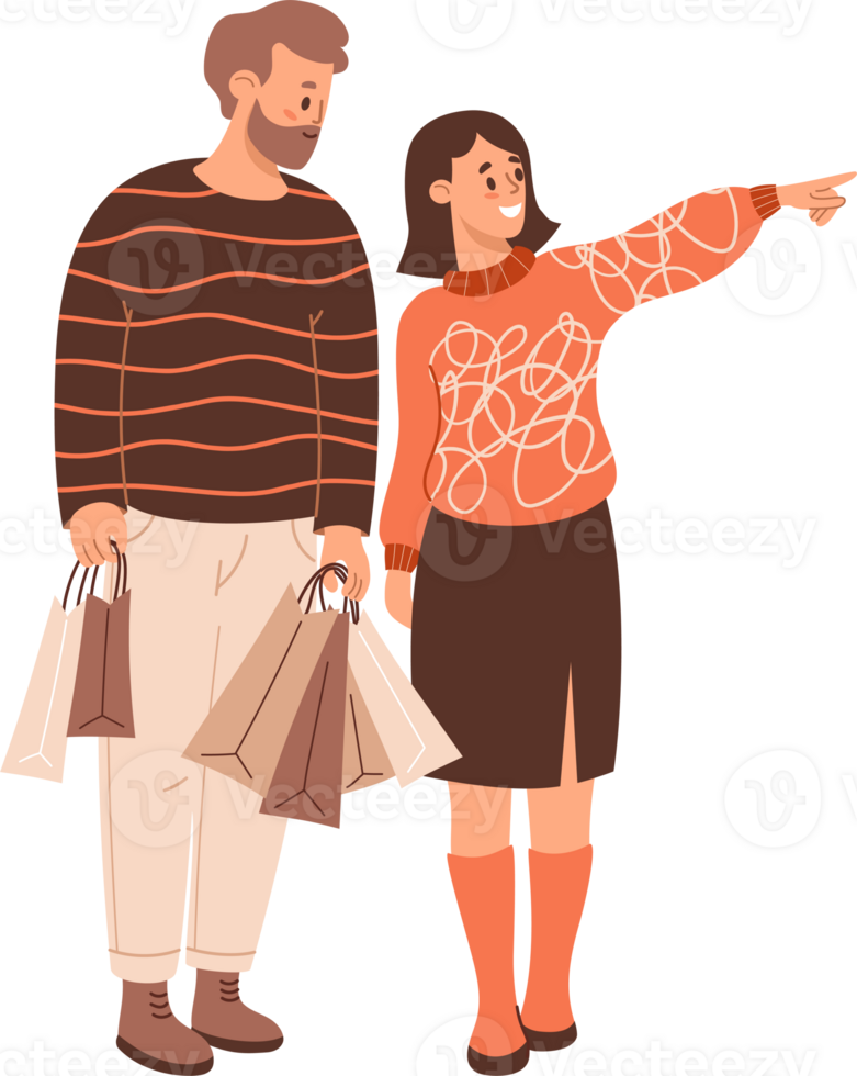 Happy shoppers woman and man in store on shopping with packages png