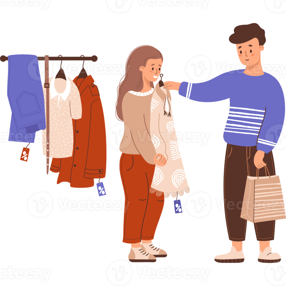 Shopping. Buyers man and girl try on dress at sale. Nearby fashionable Clothing items on hangers png