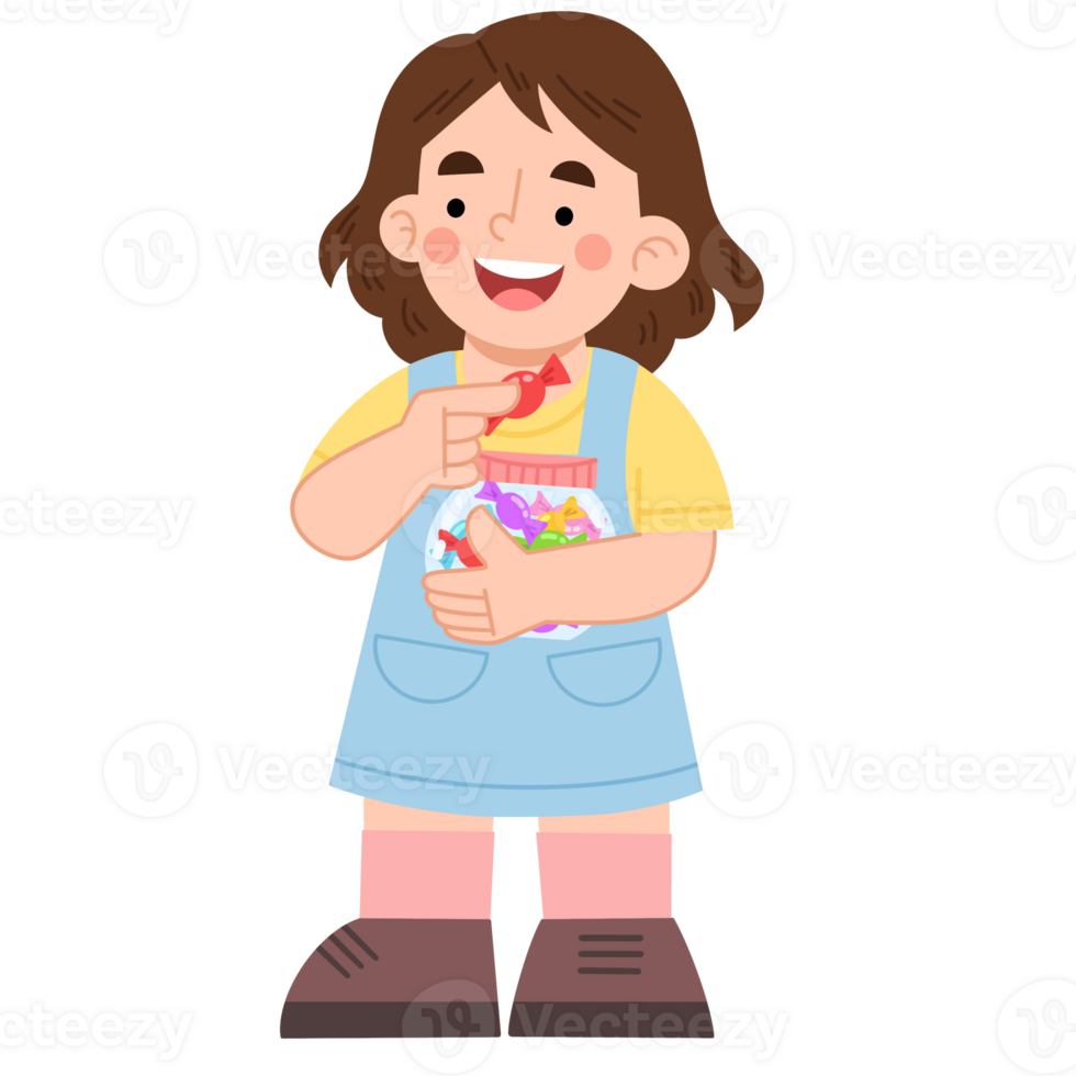 Illustration of little girl holding a jar of sweet candy png