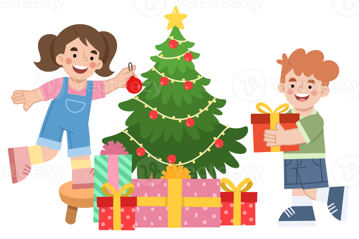 Illustration of children decorating for Christmas png
