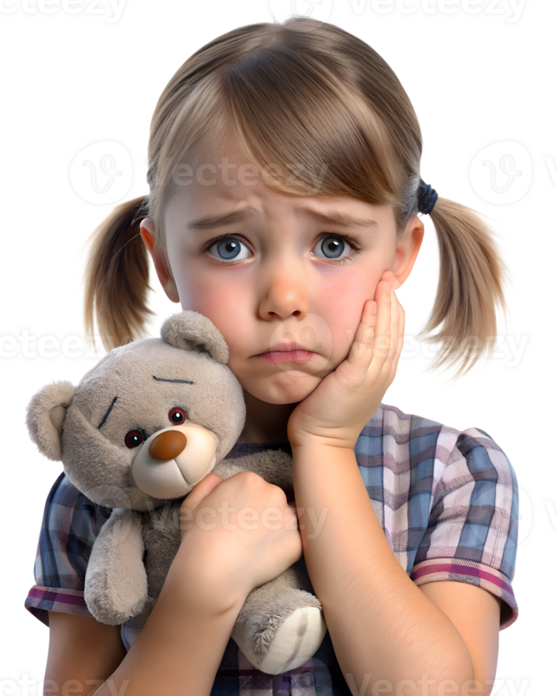A young girl with teary eyes, wiping her cheeks, expressing sadness after losing her favorite toy, isolated on a transparent background png