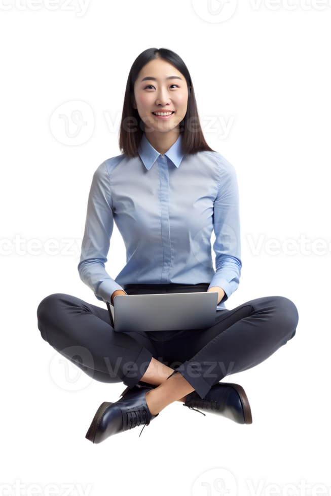 3D rendering of An office lady, shoulder-length hair, sitting cross-legged, with a laptop on her lap, on mid-air png