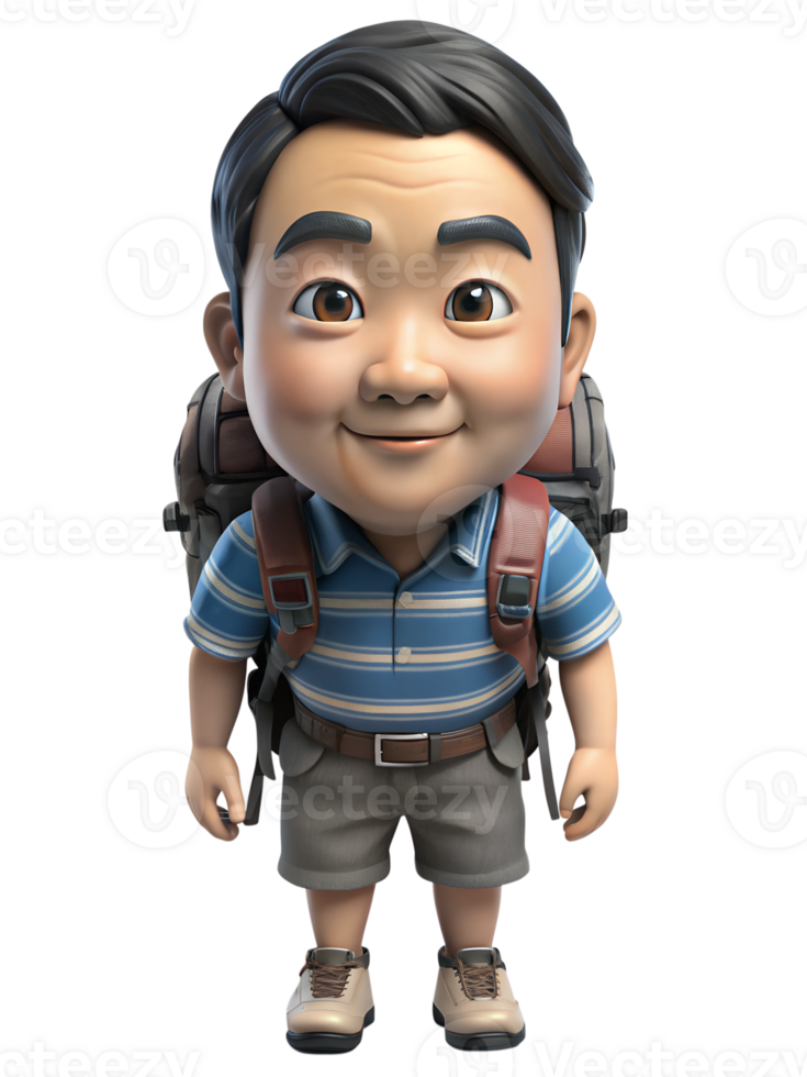 3d rendering style, fun, Big eye, big head of a asian guy with In a set of tourists' backpacks, isolated on a transparent background png