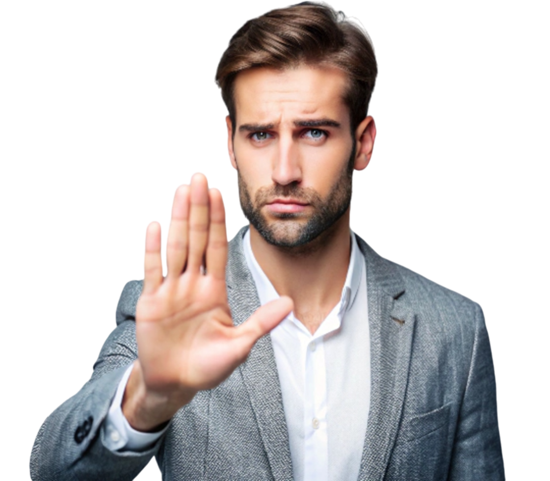 Serious businessman making stop sign with hand, transparent background png