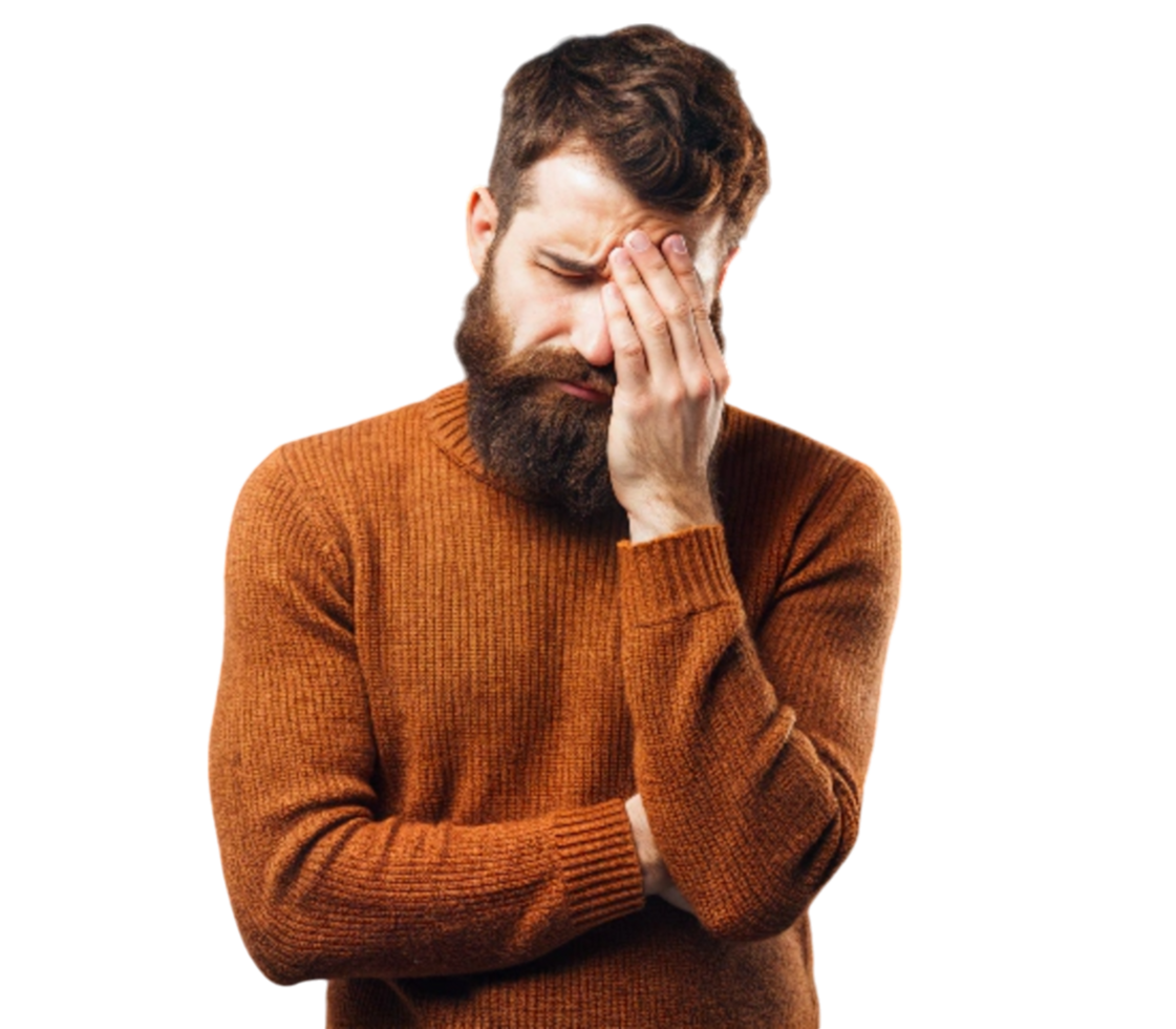 Bearded hipster man covering face with hand and feeling desperate png