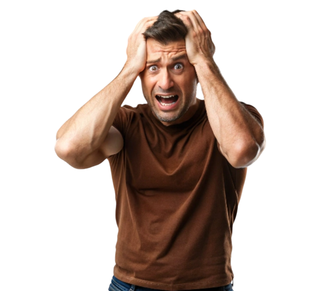 Stressed man holding head and screaming with transparent background png