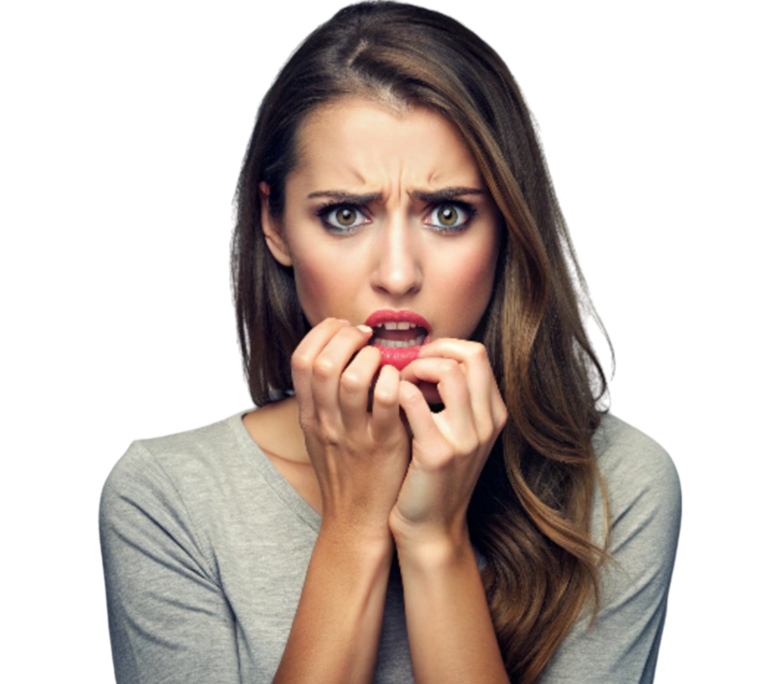 Worried young woman biting her nails on transparent background png