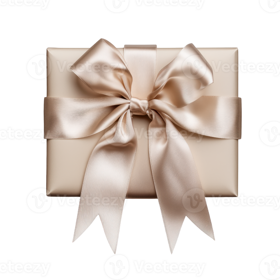 White gift box with beige ribbon tied around it. Christmas or birthday element on transparent png