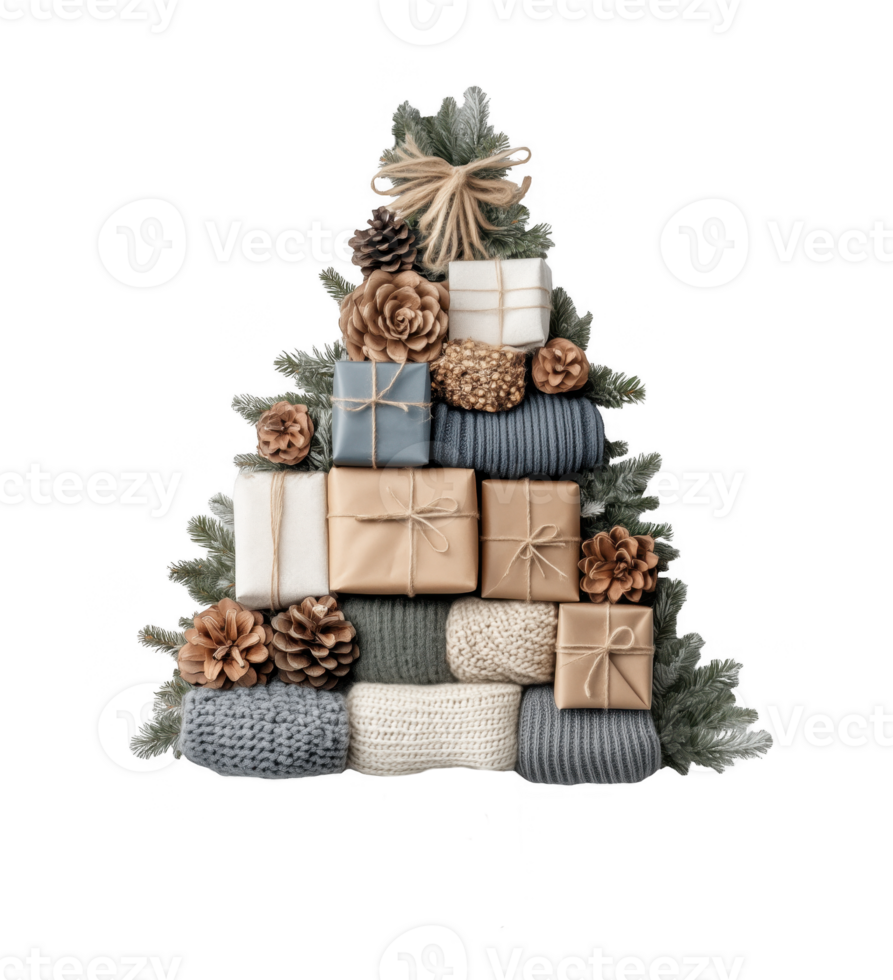 A pile of cozy knitted items, including a Christmas scandinavian tree on transparent png