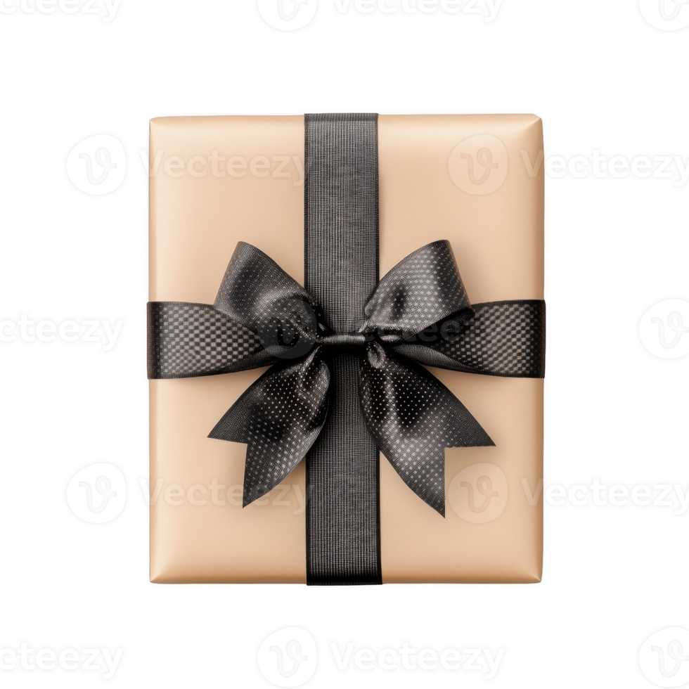 beige gift box with black ribbon tied around it. Christmas or birthday element on transparent png