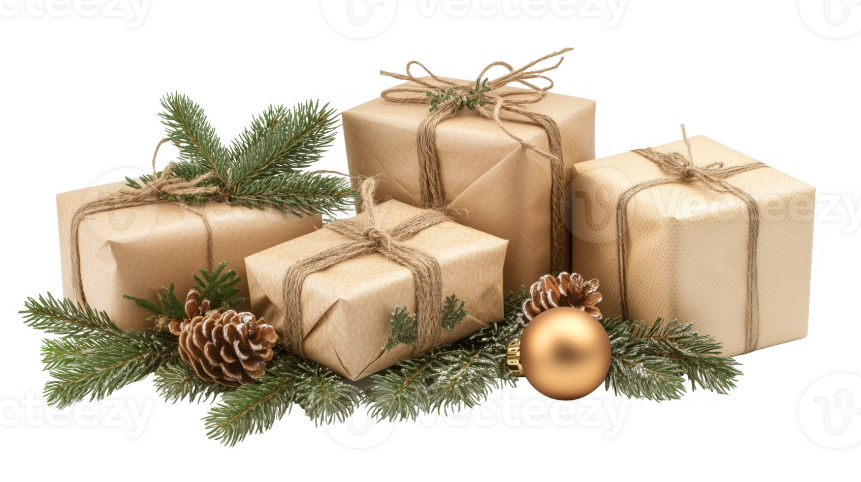 Craft winter gift boxes with rope twine tied around it and fir branches with ball ornament. Christmas cozy elements on transparent png