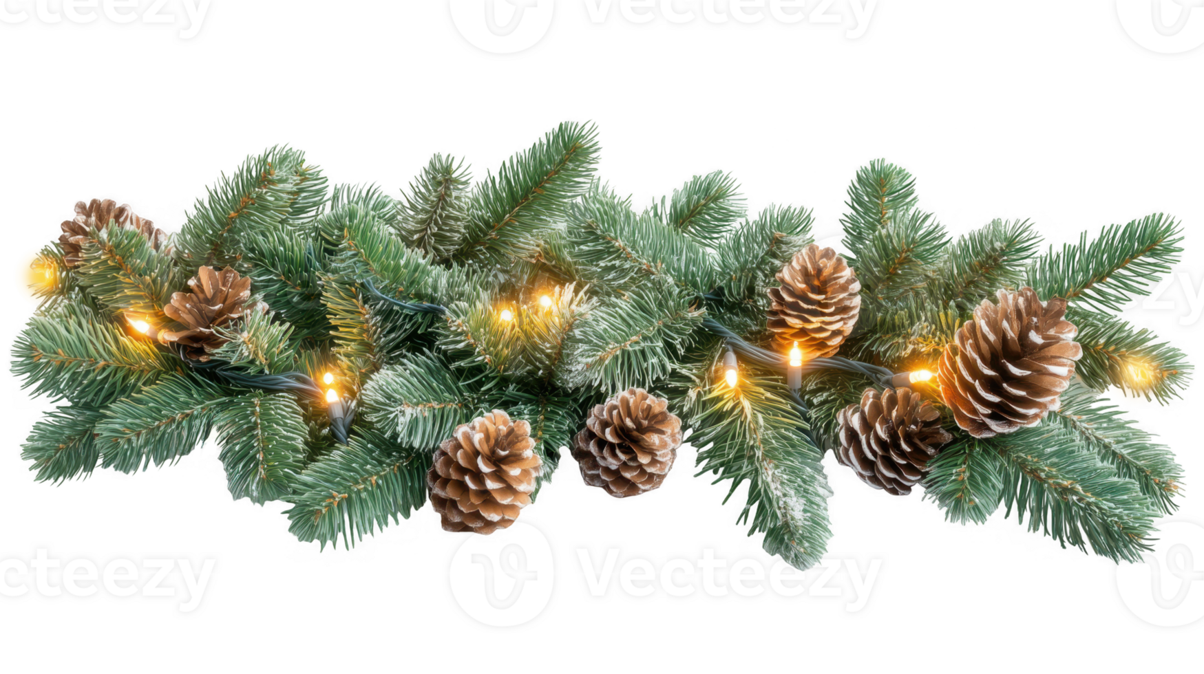 Christmas border frame with fir tree branches, ornaments, garland and pine cones. Winter holiday panorama banner on transparent png
