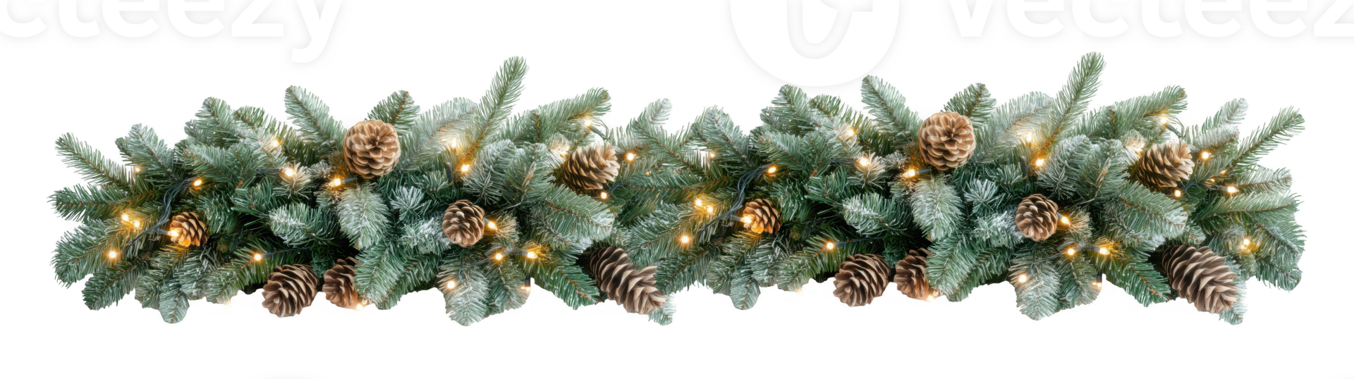 A long green Christmas tree with lights and pine cones png