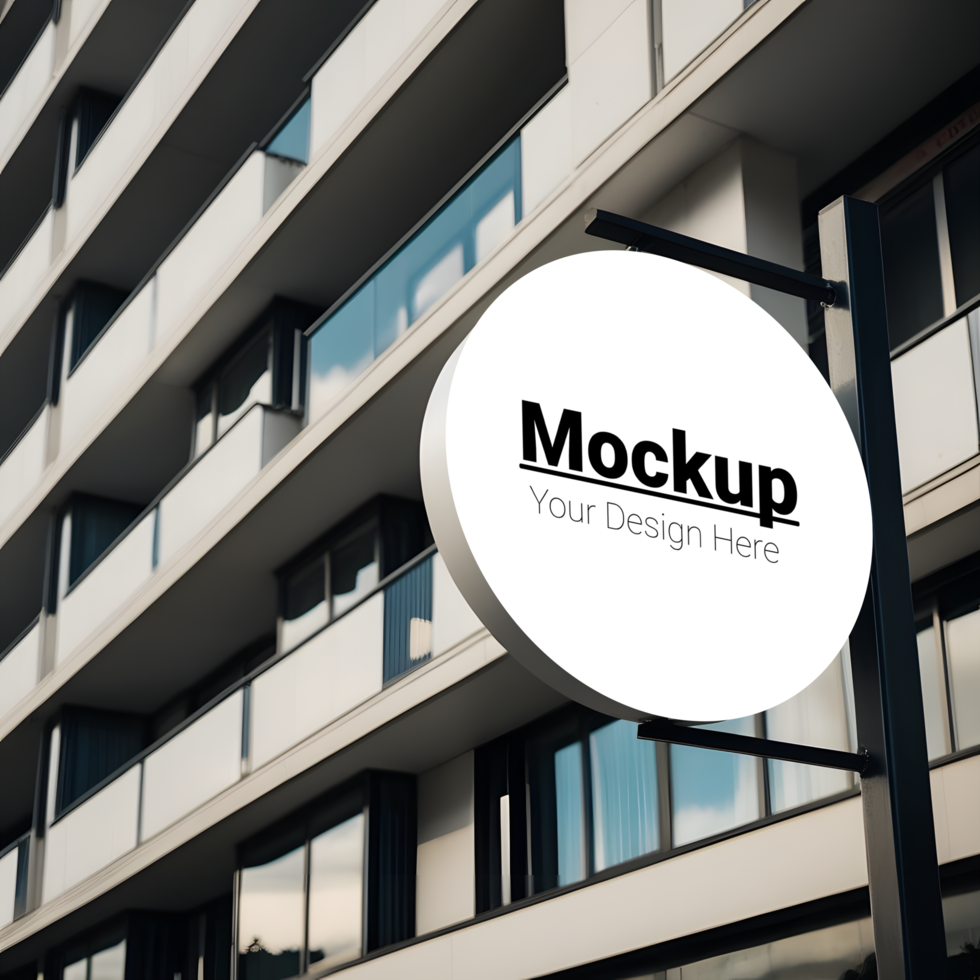 A mockup sign is hanging on a building psd