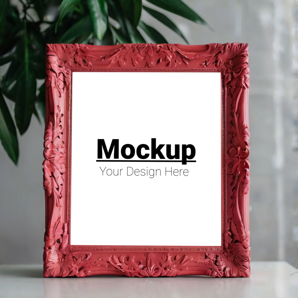 Mockup of a red frame with a plant on a table psd