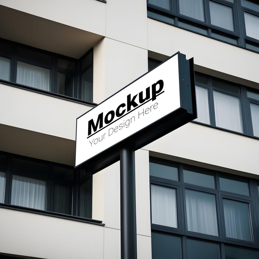 A mockup sign is displayed on a pole in front of a building psd