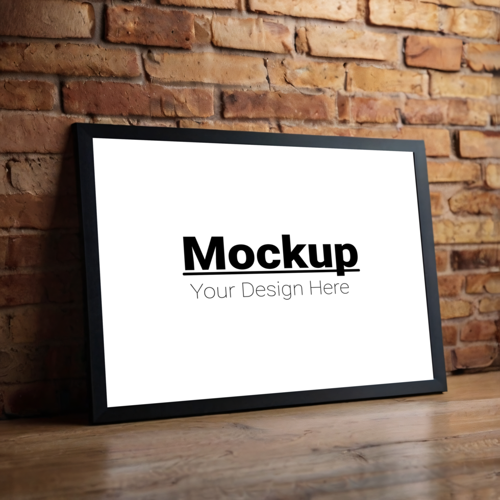 Mockup of a black frame on a wooden table psd