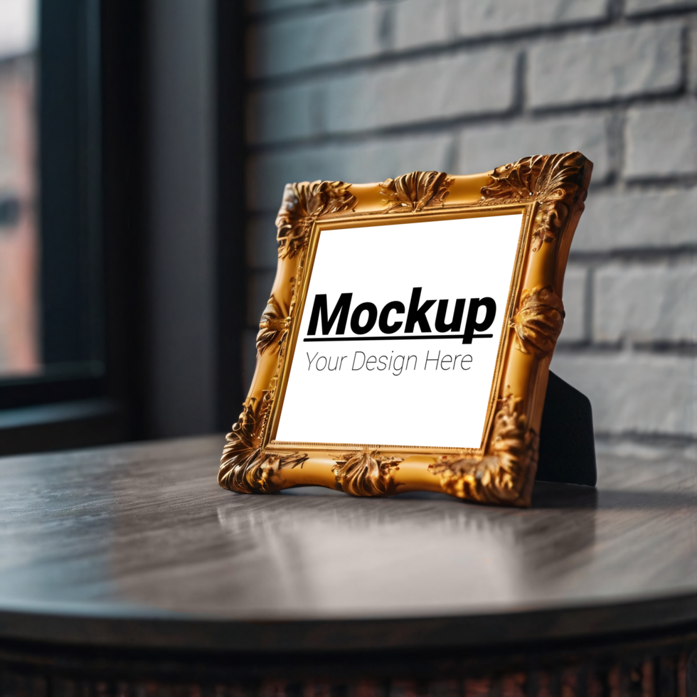 Gold frame mockup on a table psd