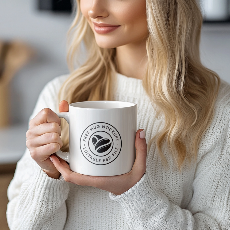 a woman holding a coffee mug with the logo of a coffee shop psd